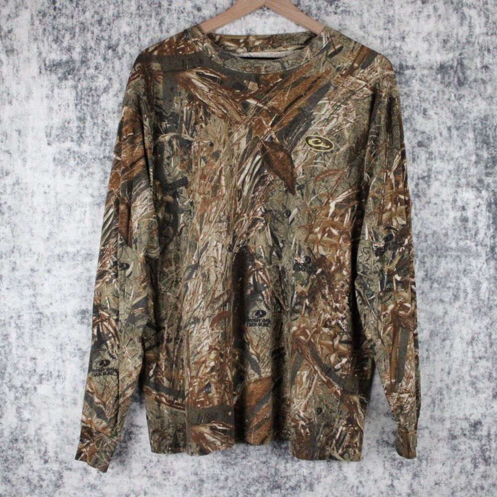 Drake Waterflow Systems Size L Mossy Oak Duck Blind Camo Camouflage L/S T Shirt